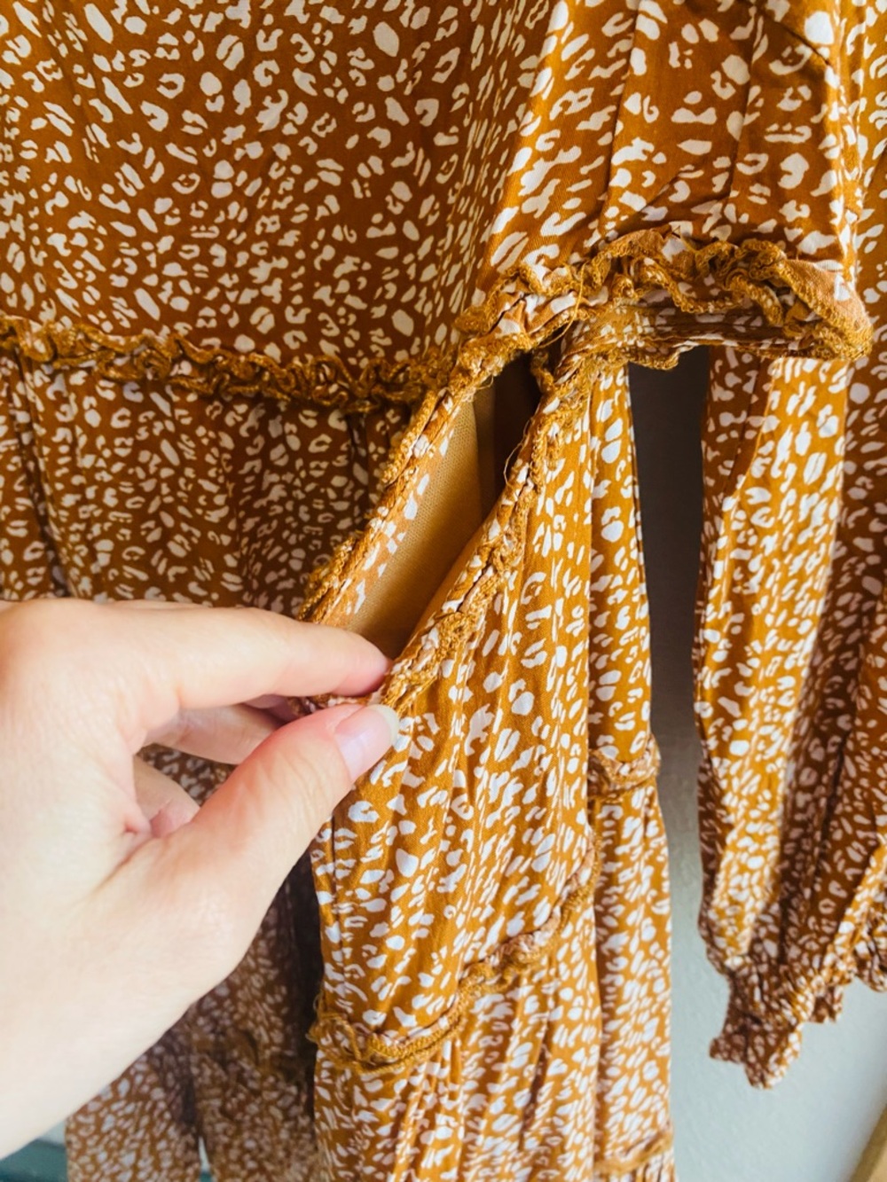 BAEVELY Brown Orange Long Sleeve Ruffle Skirt Side Cut Out Mini Dress Milkmaid - Picture 3 of 5